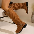thumbnail image 4 of Lovzfmll Knee High Boots Women, Stacked Wide Calf Snow Boots Suede Belt Buckle, Faux Fur Lined Block Low Heel Round Toe Winter Motorcycle Warm Brown Boots, 4 of 7
