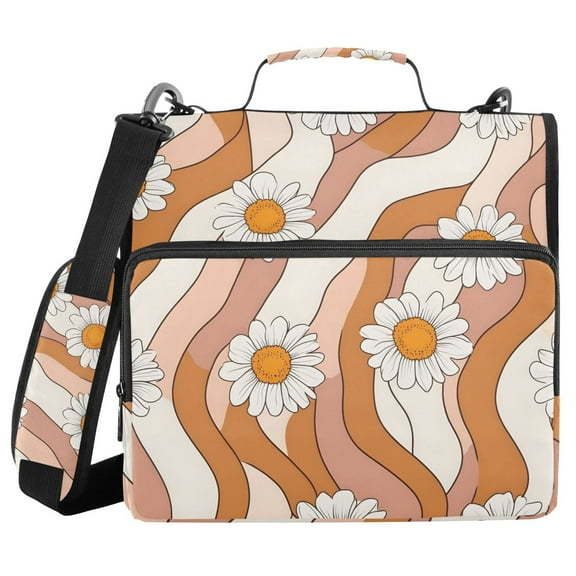 3 Ring Zipper Binder with Shoulder Strap Waterproof Trapper Keeper 1.5 Inch D-Ring 500 Sheets Capacity Orange and White Striped Daisy