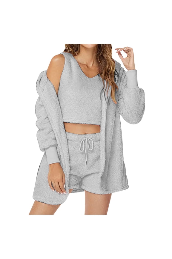 Women's 3 Piece Pajamas Sexy Fuzzy Fleece Warm Hoodie Cardigans Jacket & Crop Tank Top & Shorts Loungewear Sets