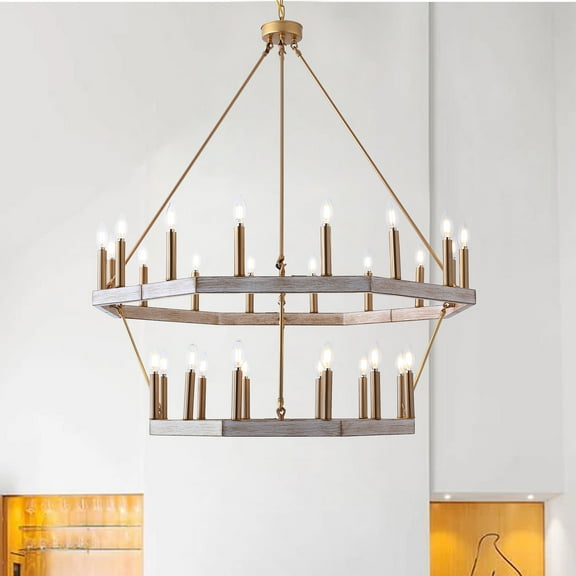 Aiwen Unique 2 Tiers Gold Polish Decorative Oversize Wagon Wheel Shape Chandelier Rustic Ceiling Light Fixture