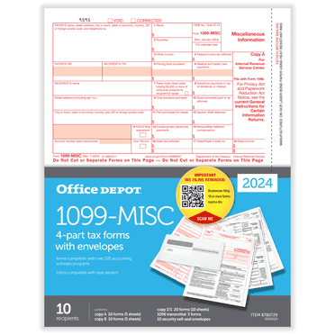 Office Depot® Brand 1099-MISC Laser Tax Forms And Envelopes, 4-Part, 2-Up, 8-1/2" x 11", Pack Of 10 Form Sets, 6101024