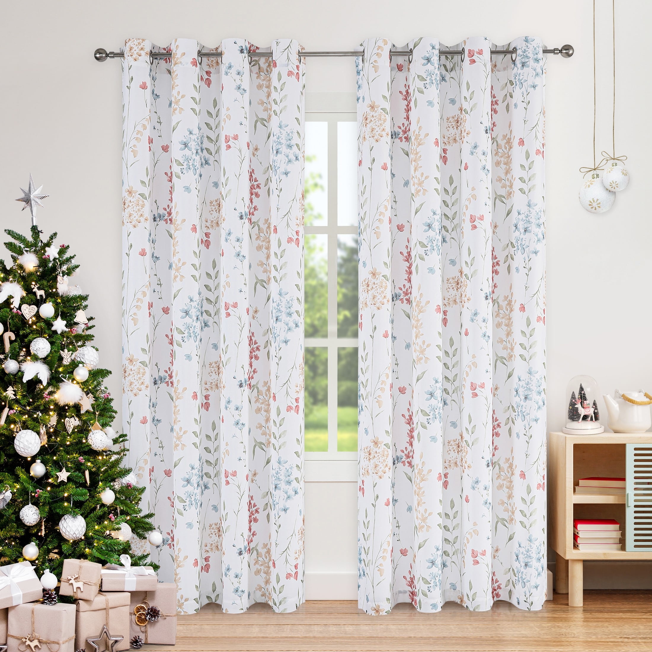 Bohogeo Floral Colorful Botanical Print Living Room Curtain Panels, Watercolor Grommet Farmhouse Red Flower Pattern Window Treatment Drapes for Bedroom, 56" W x 95" L, Multicolor, Set of 2