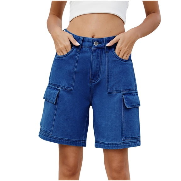 Akafmk Women's Denim Shorts,Women's Solid Color Button Denim Pocket 5" Casual Shorts Pants L
