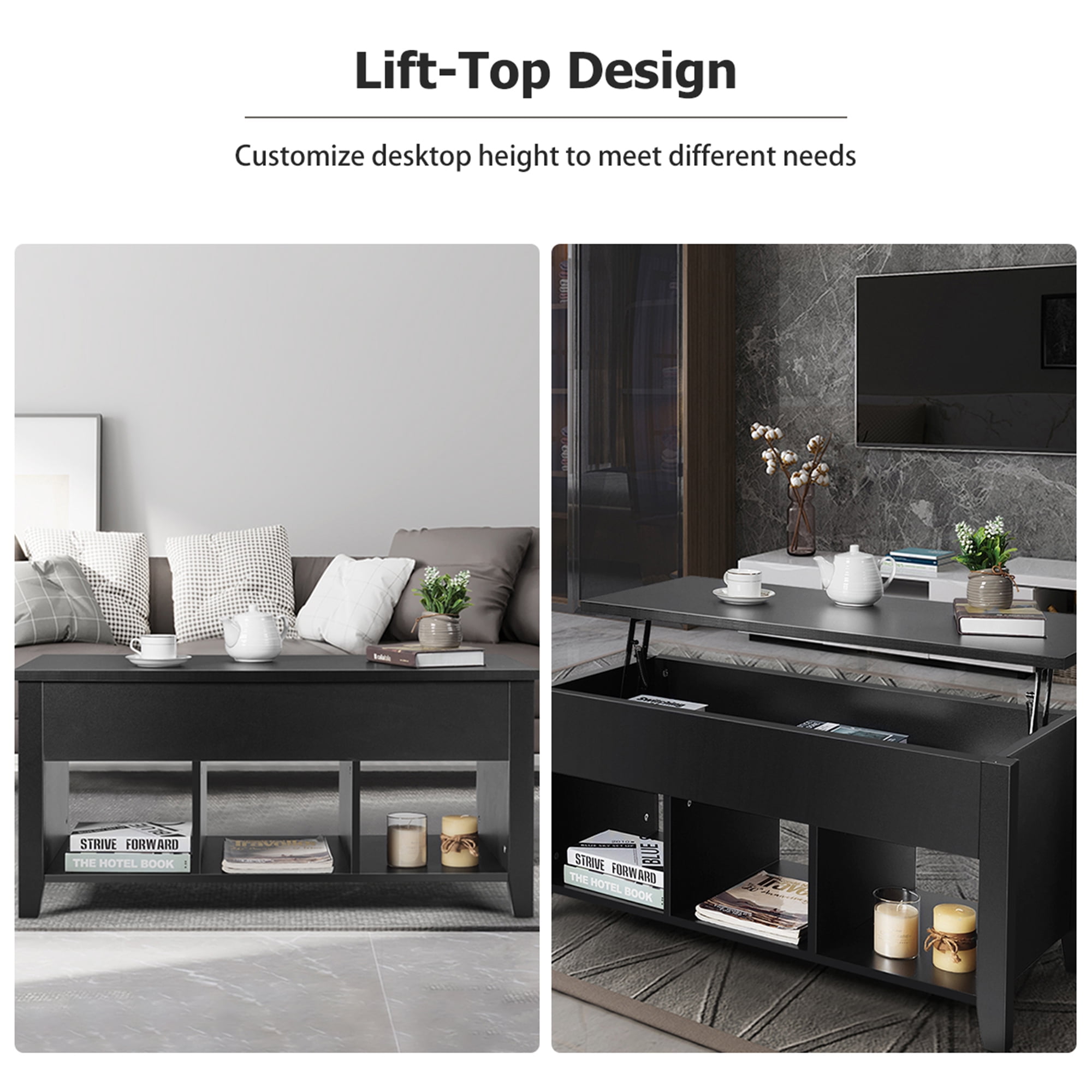 Gymax Modern Wooden Lift Top Coffee Table, Black