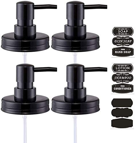 Jar Soap Dispenser Lid and Pump Rust Proof, Black Plastic Dispenser Lid for 16 oz Regular Mouth Mason Jar Decor - 4 Pack