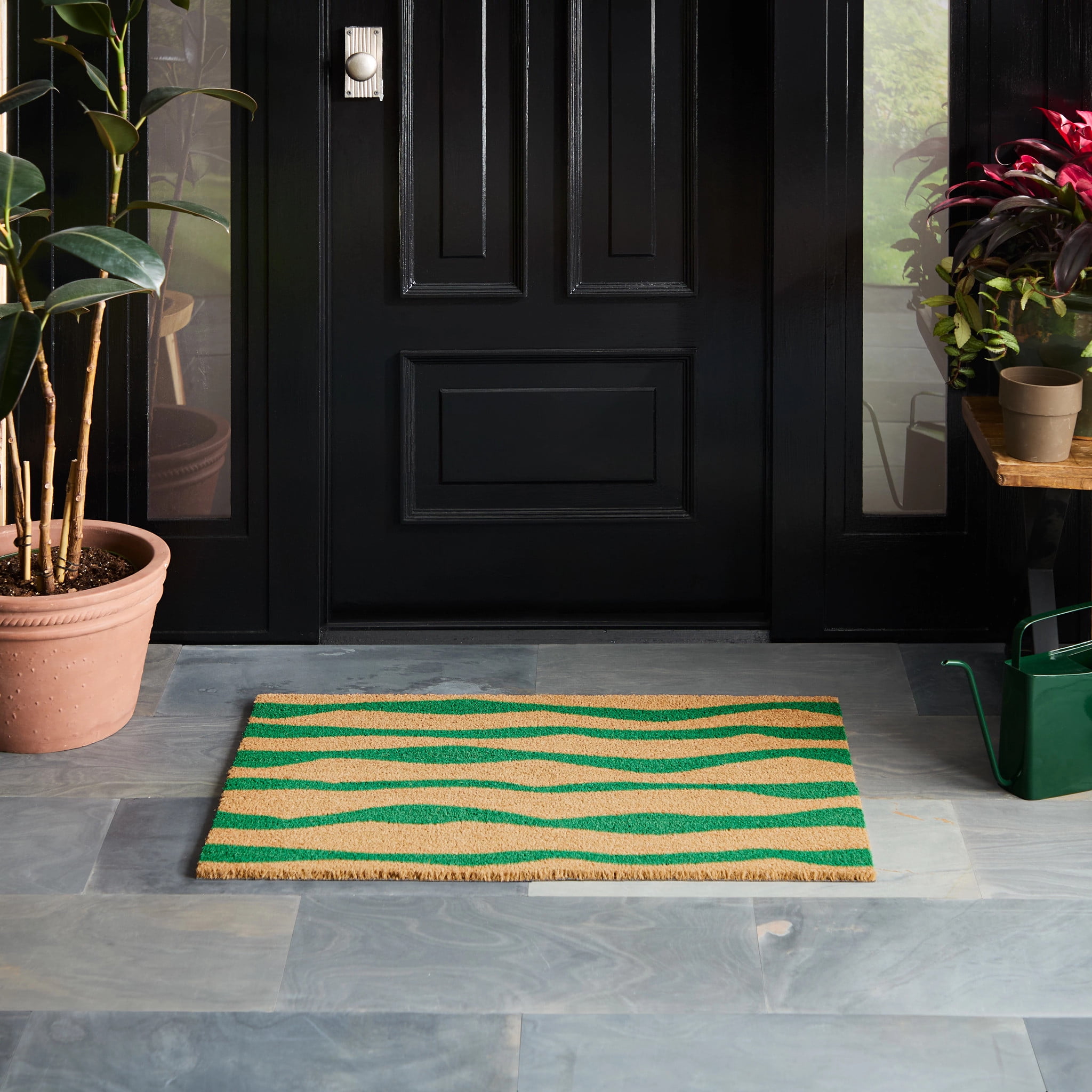 TOWN & COUNTRY TERRA Ravine Abstract Mountain Outdoor Door Mat, Natural Coir, Heavyweight, Non-Slip Entryway Mat, Green, 18"x30"