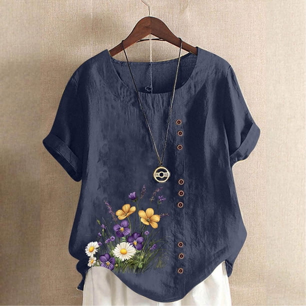 TaTaai Casual Printed Button Blouse, Women's Short Sleeve Linen Feel T-Shirt, Comfortable Top for All Seasons Gift