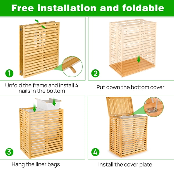 Bamboo Laundry Hamper with Lid – Foldable Clothes Basket with 2-Section Removable Liner Bag, Space-Saving Laundry Sorter for Bathroom, Bedroom, and Laundry Room