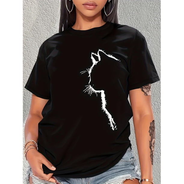 Camiseta Para Mujer De Verano Cuello Redondo1pc Vintage Style Cat Silhouette T-Shirt for Women, Polyester Knit Fabric, Crew Neck, Geometric Pattern, Regular Length, Casual Summer TopFather's Day, Mo