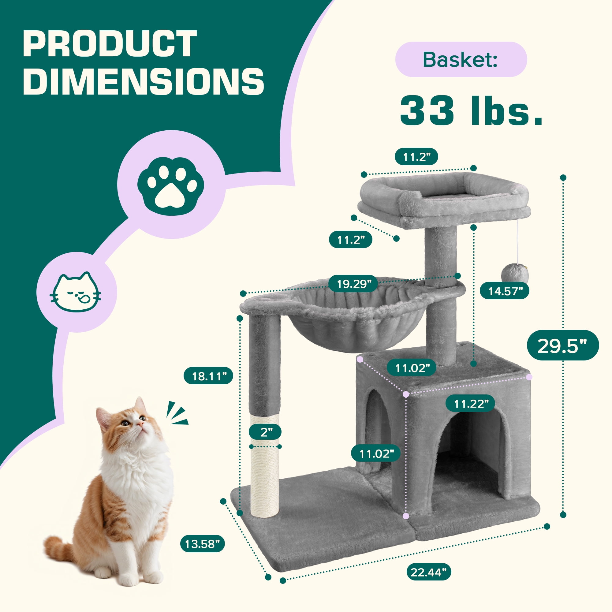 Einfach Small Cat Tree 29.5" Tower Condo with Sisal Scratcing Post Hammock Top Perch for Indoor Cats, Grey