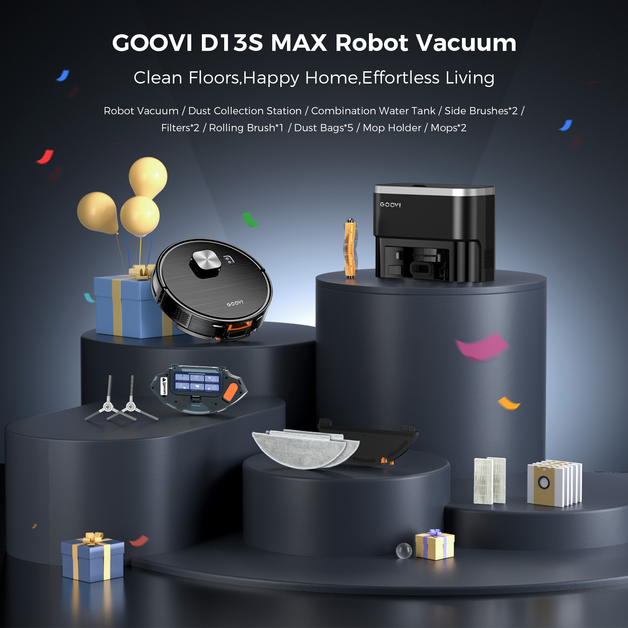 GOOVI Robot Vacuum and Mop 11500pa Suction Robotic Cleaner with Laser Home Mapping and 85 Days Self Empty Station Pet Friendly Anti-Tangle