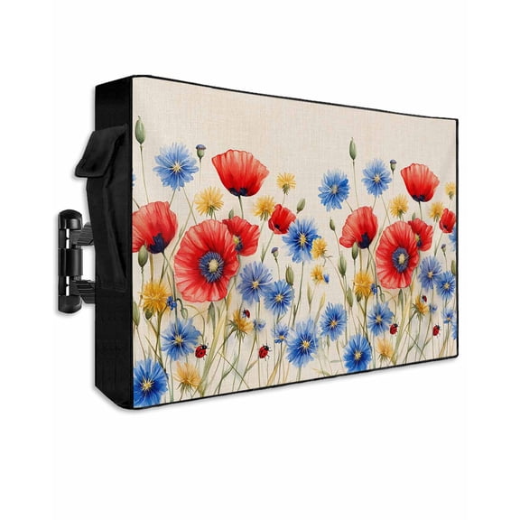 Red Flower Outdoor TV Cover 30 to 32 Inch Weatherproof, Blue Garden Blossom Floral Independence Day 600D Oxford TV Covers with Waterproof Zipper, Outside Flat TV Screen Protector Size 30"Wx19"Hx4.5"D