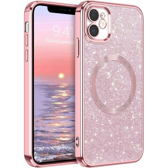 iPhone 11 Case, Phone Case iPhone 11 [Compatible with MagSafe][Car Mount Supported] Slim Thin Magnetic Plating Sparkle Soft TPU Shockproof Protective Cover for iPhone 11 6.1 Inch, Glitter Pink