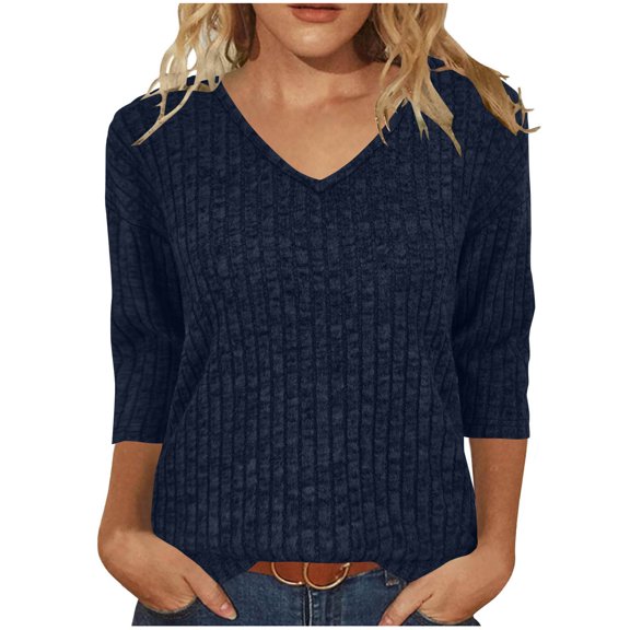 Enjoytime Blouses for Women Casual Solid Color V-Neck 3/4 Sleeve Tops Loose Dressy Casual Fall Winter Work Shirts Blue XL