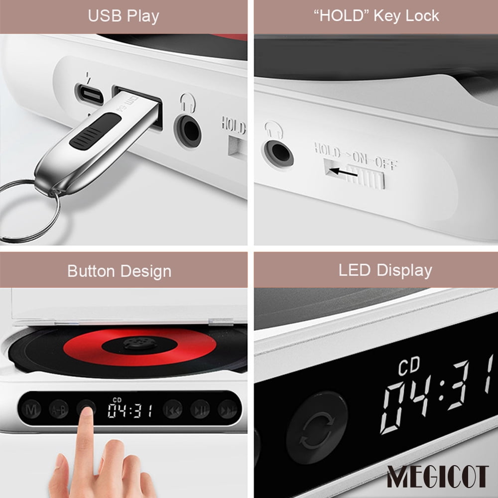 MEGICOT Bluetooth Rechargeable CD Player with Hold Function LED Display USB Audio Port, 2000mAh Personal MP3 CD Player for Listening Music Prenatal Education Children Study