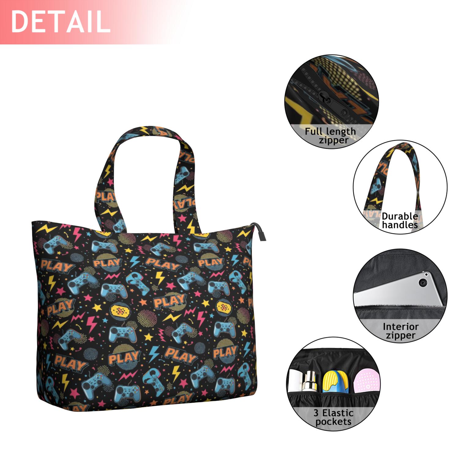 Colorful Controllers Games Shapes Black Pattern Travel Tote Bags for Women Carry On,Large Weekender Bags for Women Travel,Multi Functional Duffle Bag for Work,Shopping,Sports