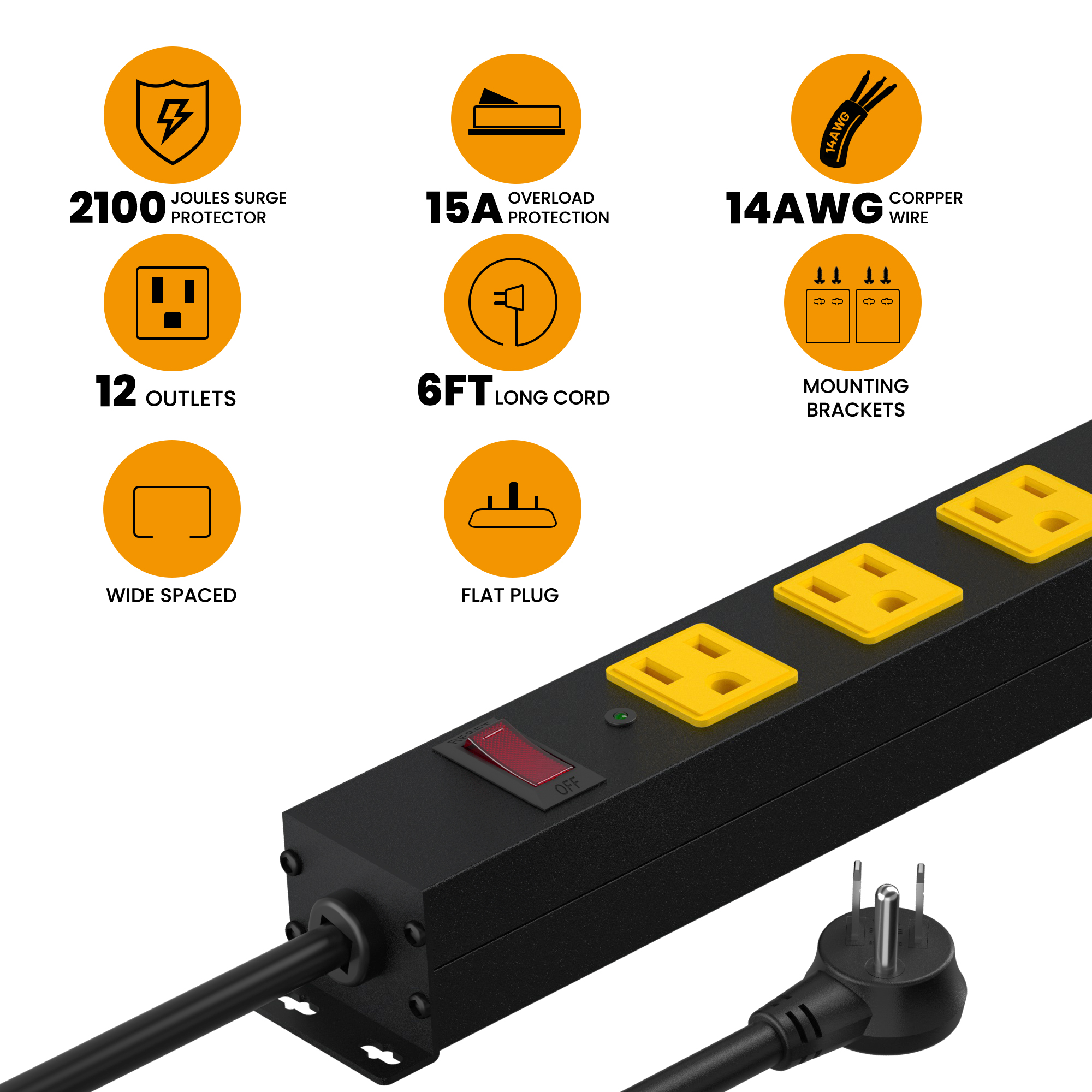 Power Strip Surge Protector 12 Outlet, Heavy Duty Metal Power Bar with 3FT Extension Cord, 2100J Overload Protection Switch, Wide Spaced Outlets for Workbench, Shop, Garage, Industrial Use
