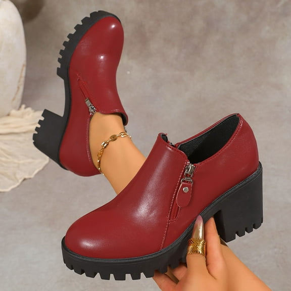 Yusimy Women's Fashionable Casual Loafers - Round Toe Chunky High Heel Leather Shoes with Zipper Closure British Style Solid Color All-Season Versatile Footwear for Everyday Outfits