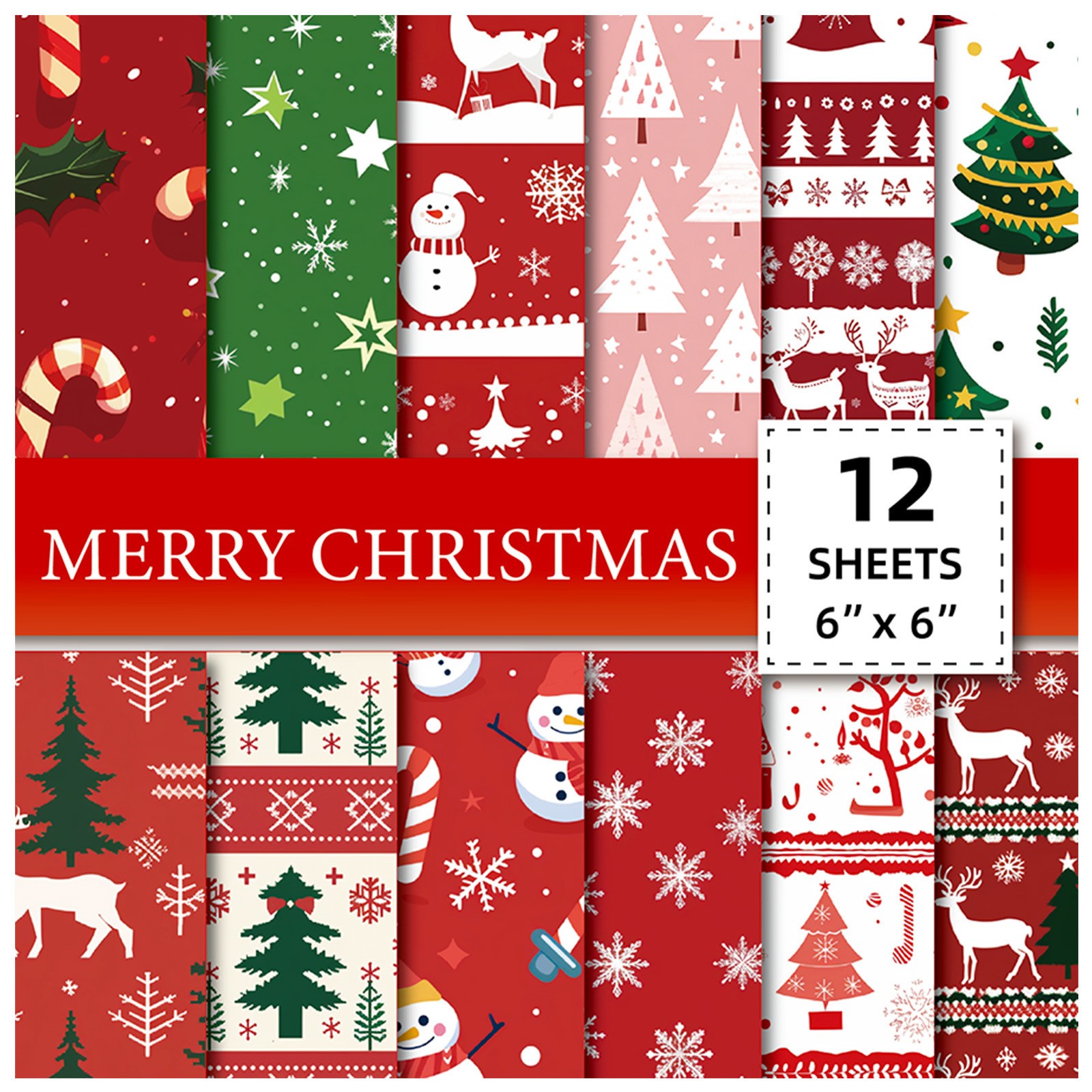 24 Sheets Merry Christmas Pattern Paper Set 6x6 Inch 12 Designs ...