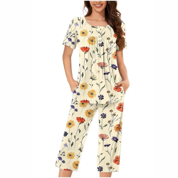 Hrsba Pajamas for Women Set Short Sleeve,Print Button Up Ruched Crew Neck 3/4 Pants Set