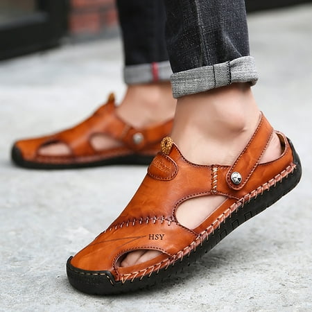 

FAFWYP Men s Closed Toe Leather Sandals for Outdoor Hiking Casual Athletic Sport Trail Walking Sandals Summer Beach Water Shoes