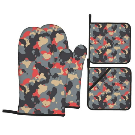 

Oven Mitts and Pot Holders 4 pcs Set black Camouflage red Heat Resistant Pot Holders Oven Mitts for kitchen Non-Slip Hanging Loop Oven Glove Potholders for Baking Cooking