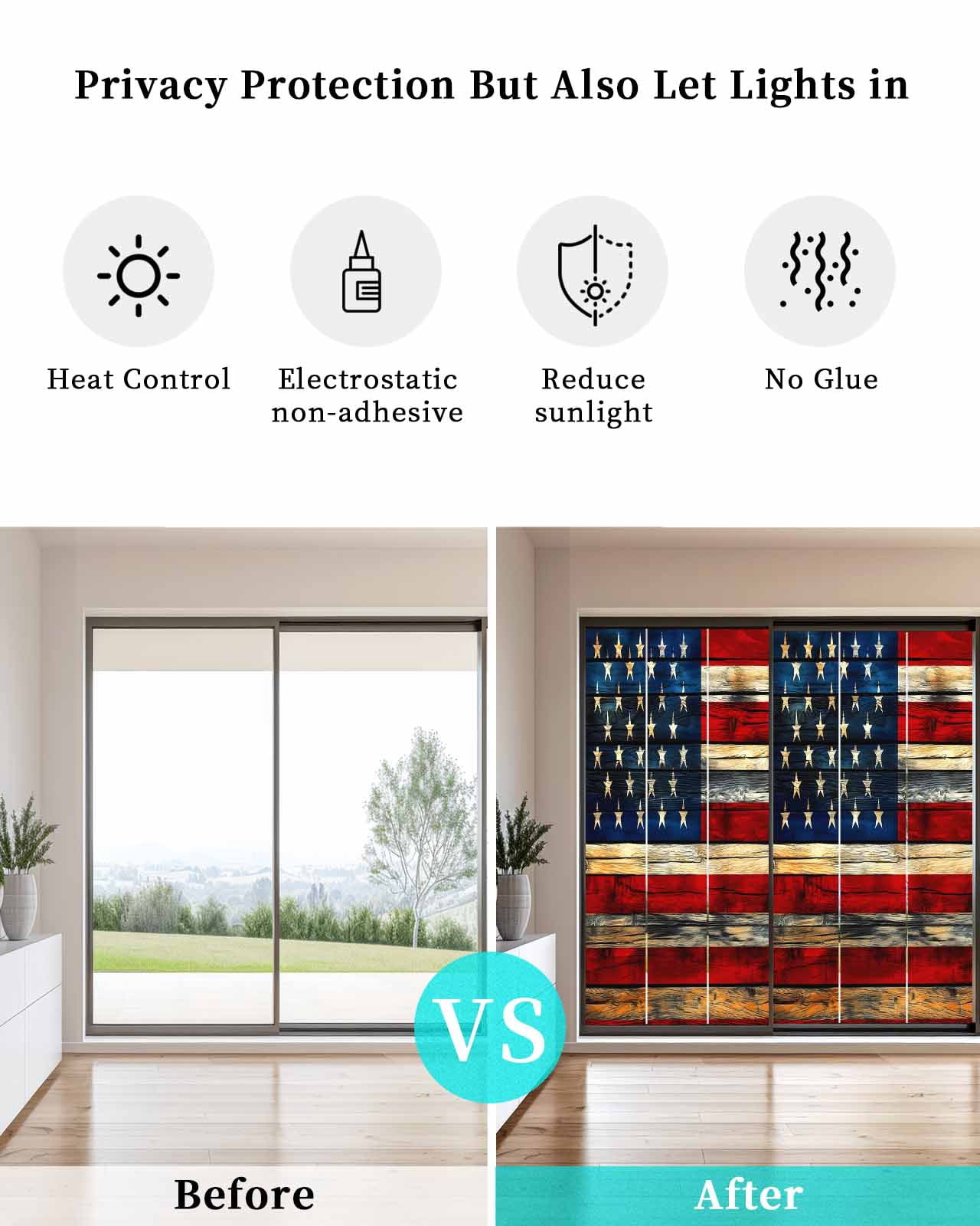 Window Privacy Film Retro American Flag Stained Glass Window Film Decorative Sun Block Window Cover Blue Red USA Flag Vintage Wood Window Clings Static Adhesive Sticker for Bathroom 23.6"x59"