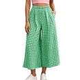thumbnail image 2 of Costeam Womens Gingham Plaid Elastic High Waist Cropped Wide Leg Capri Pants Dual Side Inset Hand Pockets Soft Lightweight Knit Loose Fit Summer Casual Trousers, 2 of 6