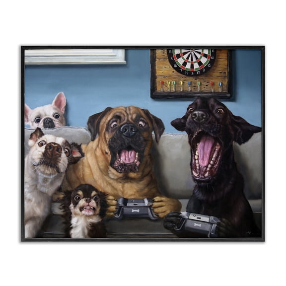 Stupell Industries Eclectic Funny Dogs Playing Video Games Black Framed Giclee Art, 14 x 11, by Lucia Heffernan
