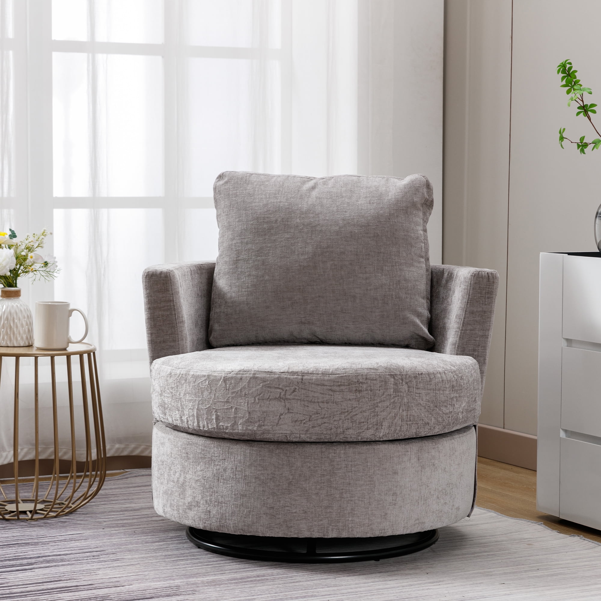 Dinosisco Swivel Barrel Chair, Chenille Accent Armchair for Living Room Bedroom, Gray
