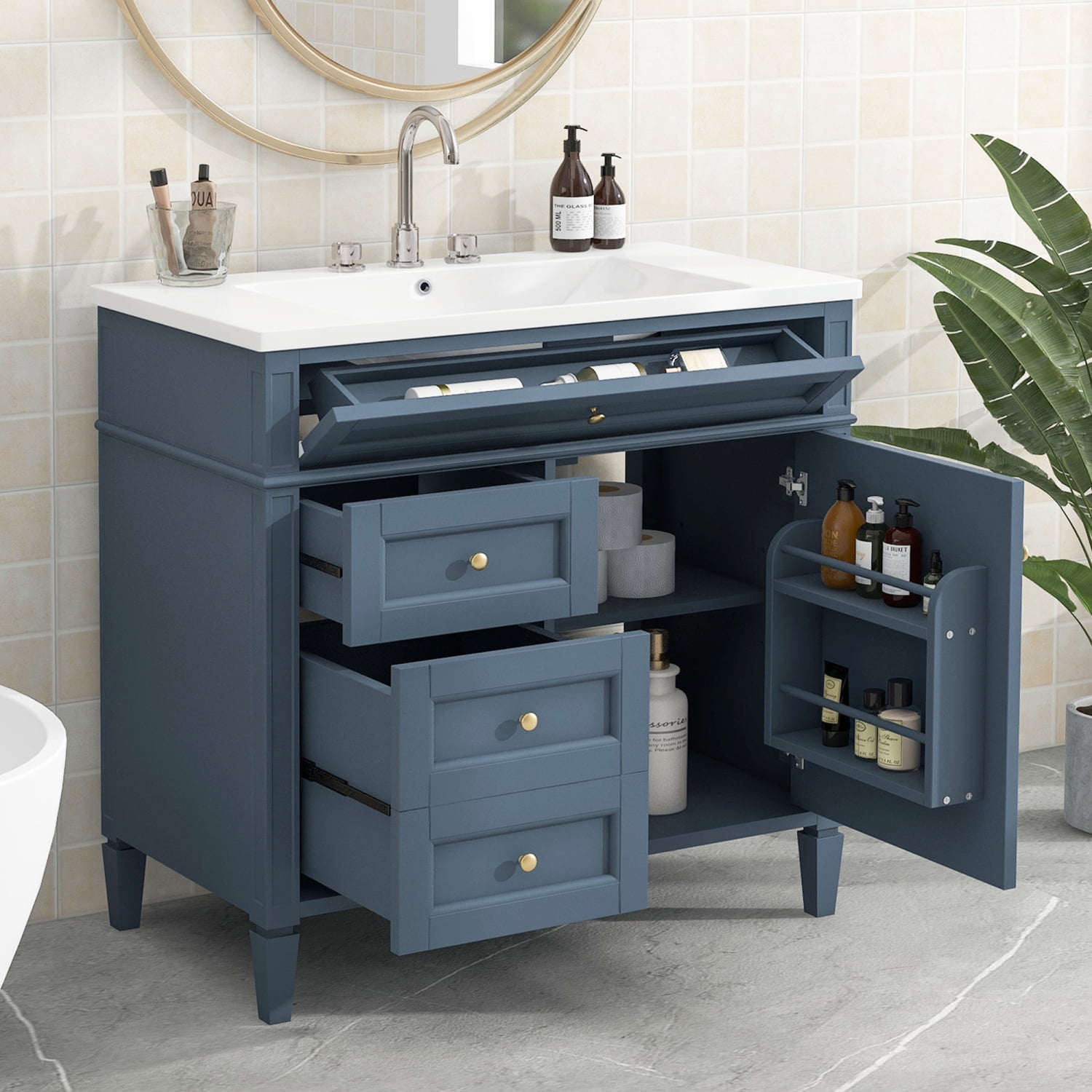 Harper & Bright Designs 36'' Bathroom Vanity with Top Sink Set, Modern Bathroom Storage Cabinet with 2 Drawers and Tip-out Drawer, Blue