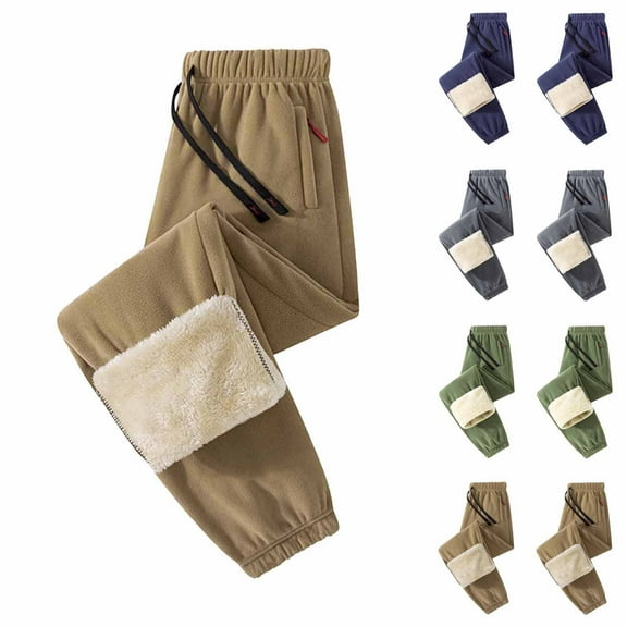 Xdegoge Winter Pants for Men Fleece Lined Elastic Drawstring Waist Pant Casual Loose Soft Jogger Solid Color Warm Windproof Jogger Trendy Fall Winter Bottoms with Pockets