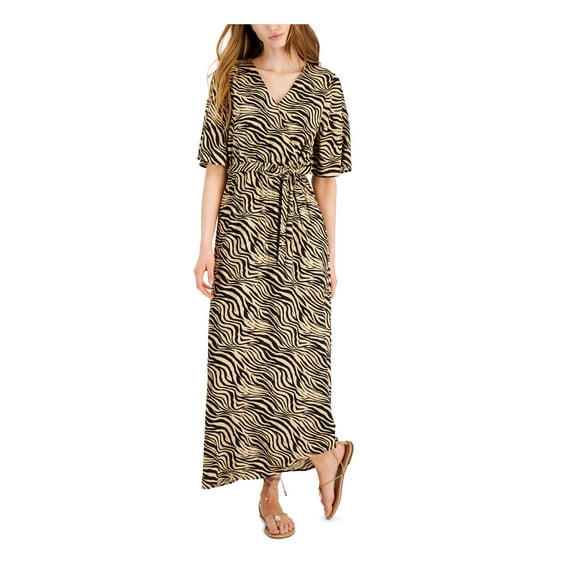 INC Womens Beige Unlined Pullover Tie Belt Animal Print Elbow Sleeve Surplice Neckline Maxi Fit   Flare Dress XL