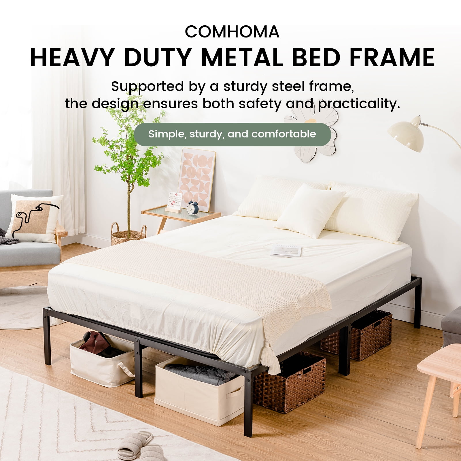 COMHOMA King Bed Frame Metal Platform with 14" High Under Bed Storage Space