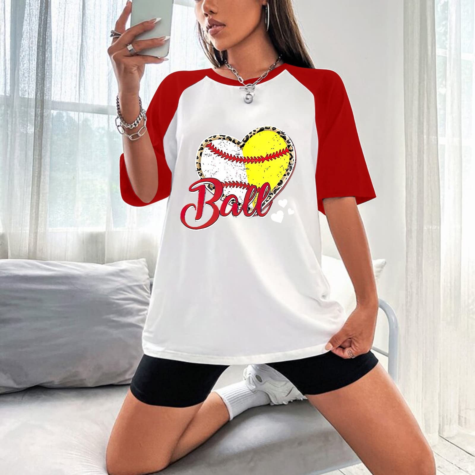 Czhjs Women's Raglan Short Sleeve Oversized Tees Clearance Baseball Lover Tunic to Wear with Leggings Teen Girls T Shirt Spring Tops Summer Vintage