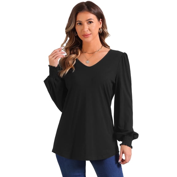 DARING DIVA Women's Lantern Sleeve Smocked Cuffs Pullover Sweater Tops XS Black