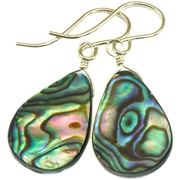 Sterling Silver Mother of Pearl Earrings Abalone Paua Shell Peacock Blue Tear Drops Simple MOP Dangles Designed for Adult Women