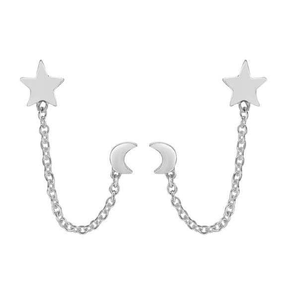 Celestial Star and Moon Pierced Chain Sterling Silver Earrings