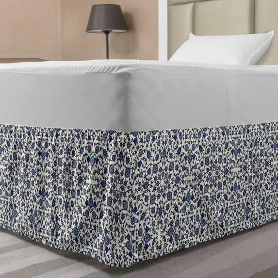 Orient Bed Skirt, Moroccan Floral Pattern Victorian Rococo Baroque Design, Elastic Bedskirt Dust Ruffle Wrap Around for Bedding Decor, 4 Sizes, Vermilion Indigo, by Ambesonne