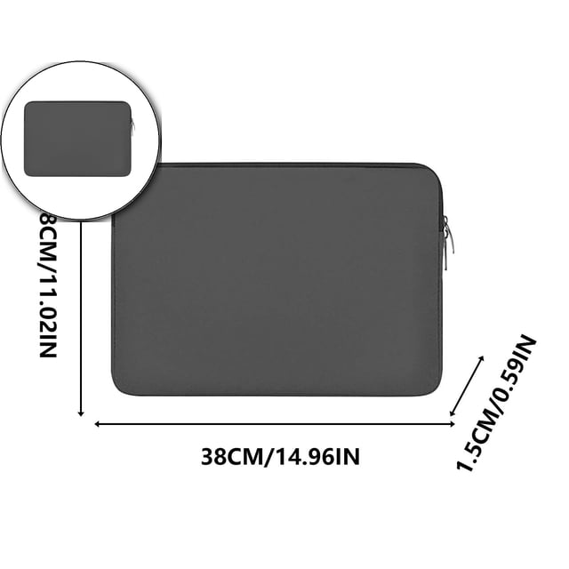 Dvruxg 14 Inch Laptop Sleeve Bag in gray, featuring a soft padded protective case with zipper closure and a durable neoprene layer. Designed for travel and business, this lightweight laptop cover offers protection against dirt, scratches, water, and bumps. Dimensions are 38cm x 28cm x 1.5cm (14.96in x 11.02in x 0.59in).