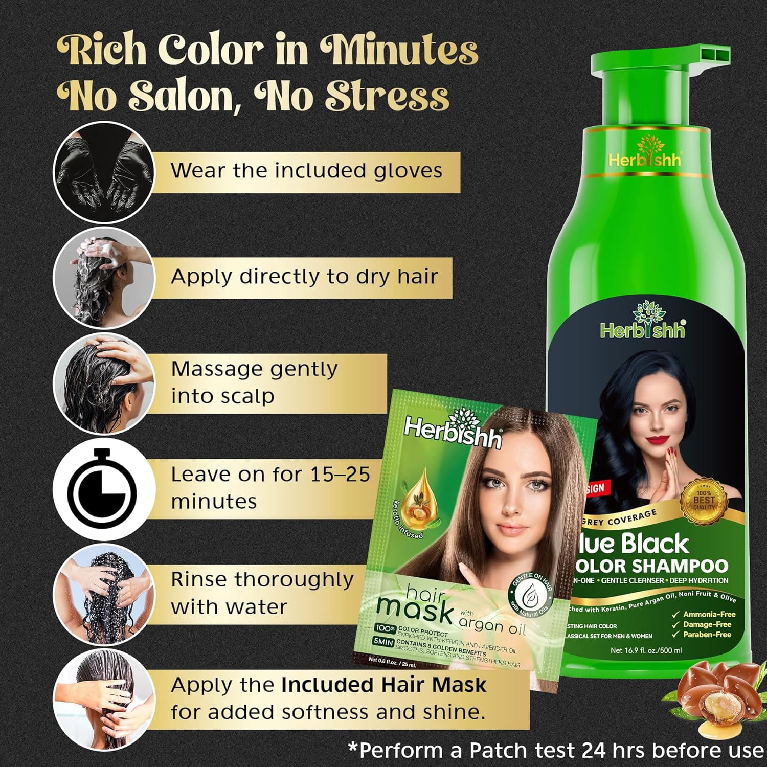 Herbishh Blue Black Hair Dye Shampoo 500ml, Color Shampoo for Grey Hair, 3-in-1 Natural Hair Dye, Ammonia-Free Formula, Hair Color for Women & Men