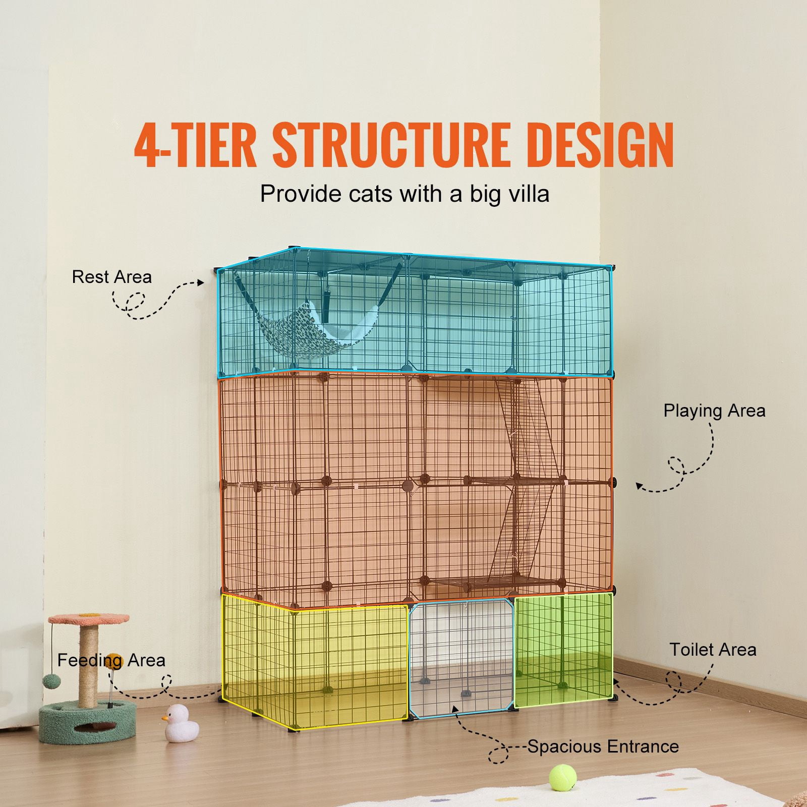 Large 4-tier Cat Cage, Detachable Metal Wire Cat Enclosure, with 4 Front Doors Hammock Ramp ladders, Indoor & Outdoor Crate Exercise Place Ideal for Kitty, Small Animals, Black 41 x 28 x 55"