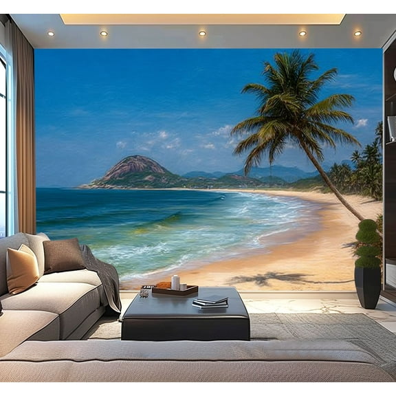 Peel and Stick Wallpaper Waterproof First Beach Morro De Paulo Sandy Beach Palm Trees Ocean Waves Distant Wall Mural Decor Self Adhesive and Removable 100in x 144in