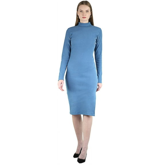 Artyska Women's Casual Bodycon Long Sleeve Turtle Neck Ribbed Side Slit Club Party Midi Dresses