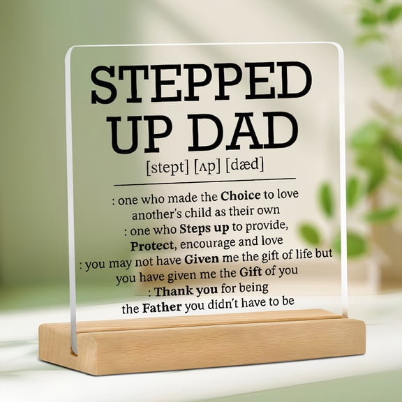Stepped Dad Award - Acrylic Desktop Plaque With Wooden Stand Heartfelt Definition Design Ideal Gift For Stepfather'S Day Home Office Decor No Battery Required Gift For Stepdad