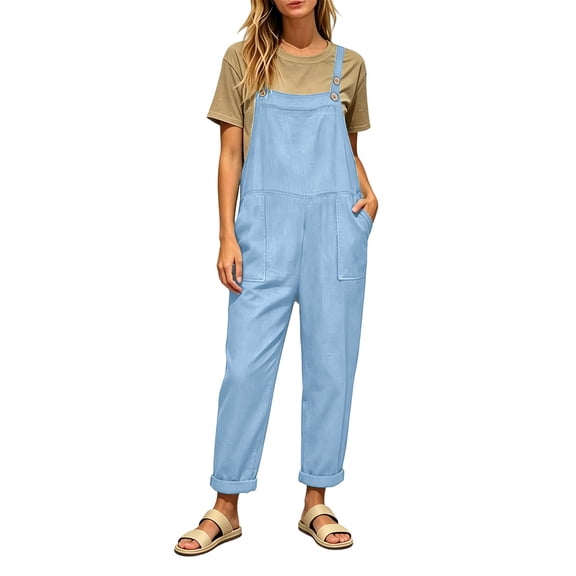 RYRJJ Women's Overalls Boho Sleeveless Casual Bib Jumpsuit Summer Baggy Adjustable Strap Long Pants Rompers with Pockets
