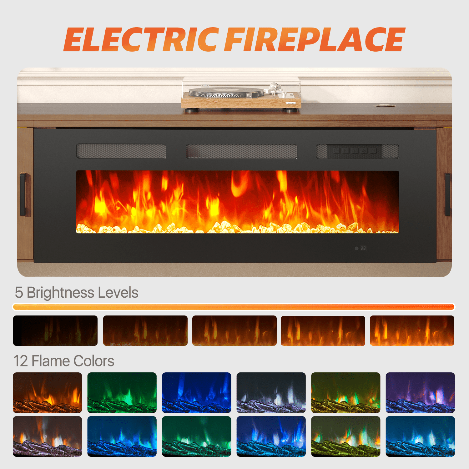 BaPiPro Modern Floating TV Stand with 36" Electric Fireplace, Wall Mounted Entertainment Center, for TVs up to 80 Inch, Living Room Bedroom, Brown