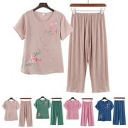 Fairnull 2 Pcs/Set Elderly Ladies Pajamas Loose Type Short Sleeve Flower Print Ealstic Waist Straight Pants Mother Pajams Suit Daily Clothes