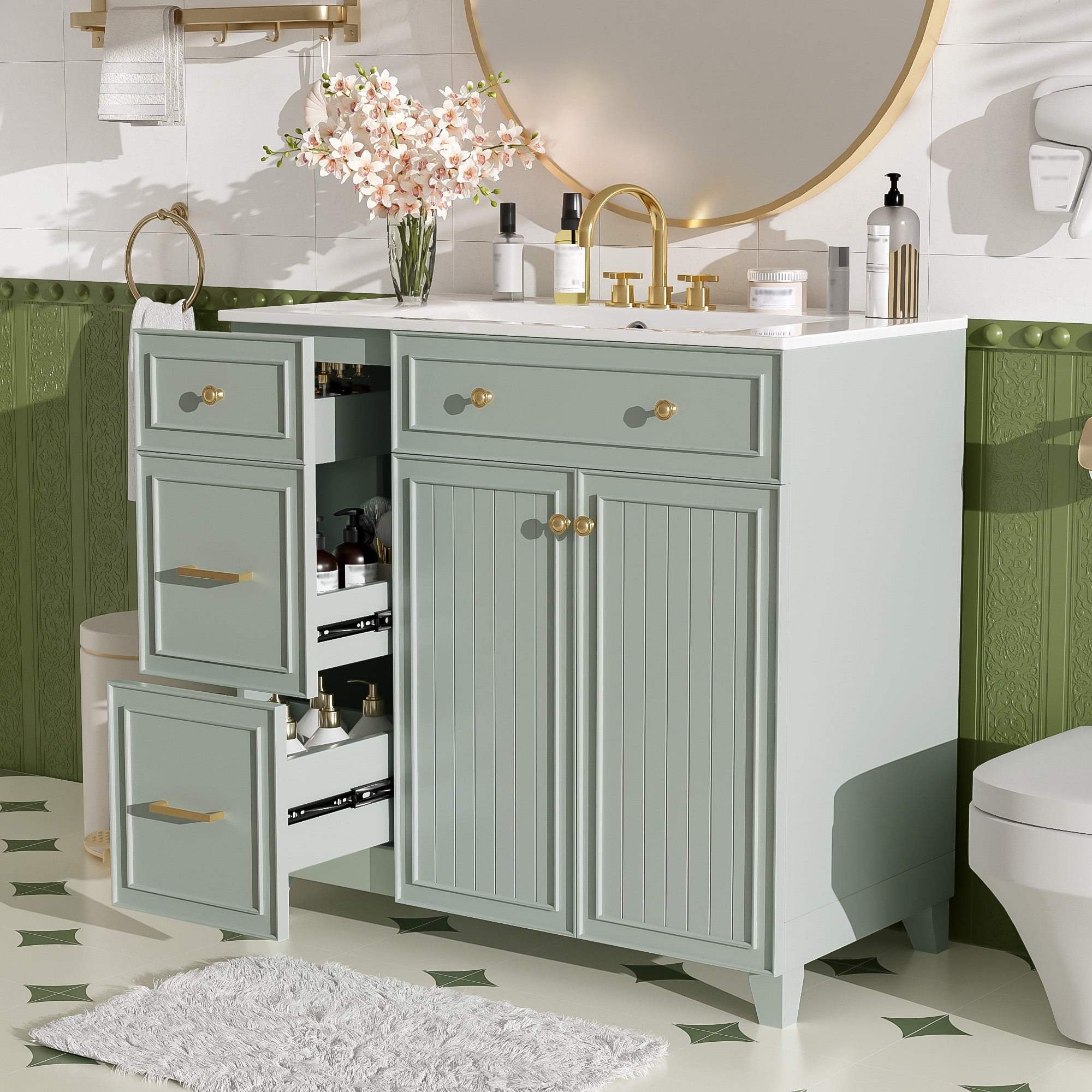 Euroco 36" Bathroom Vanity with Ceramic Sink, Standard and Double-Layer Drawers, Soft Close Doors, Adjustable Shelves, Modern Storage Cabinet for Small and Medium Bathrooms