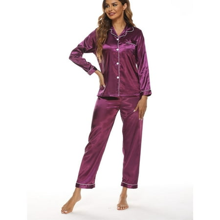 

Womens Satin Pajamas Set Long Sleeve Loungewear Two-Piece Sleepwear Pj Set